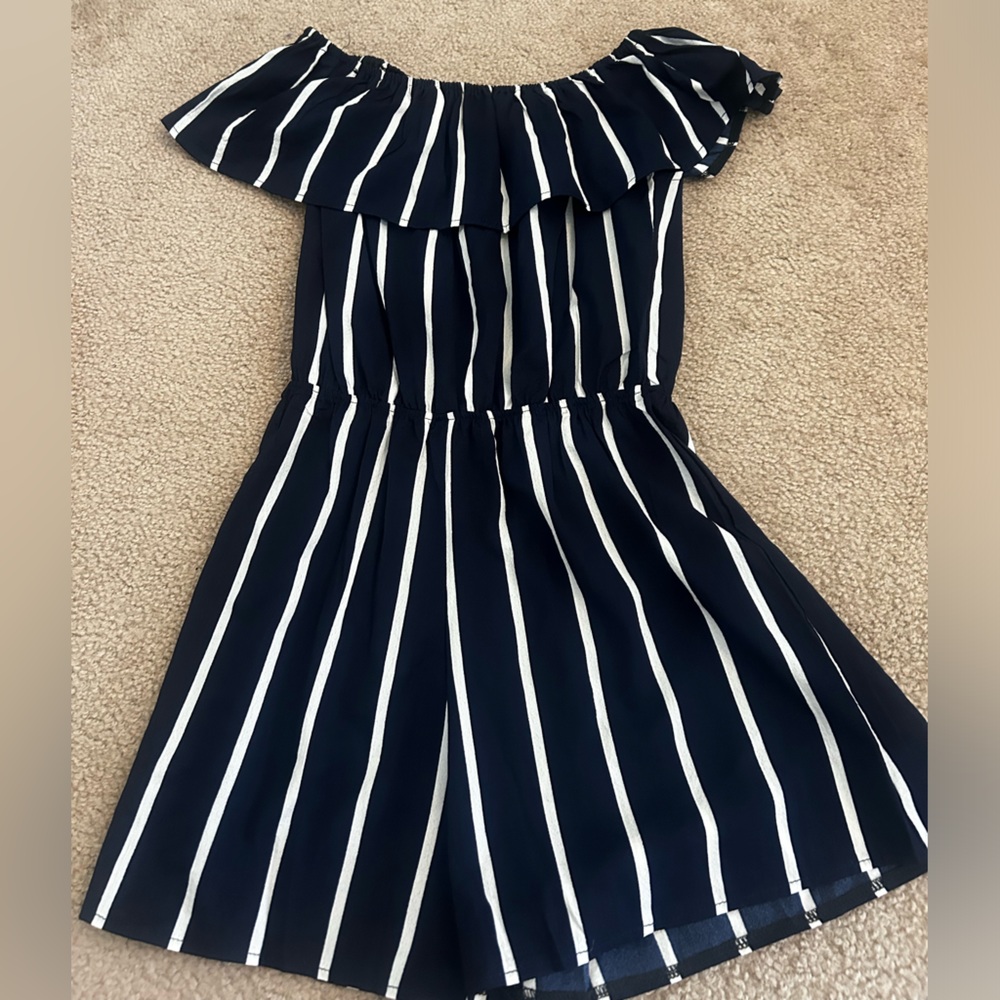 No brand name, S navy and white striped off the shoulder romper